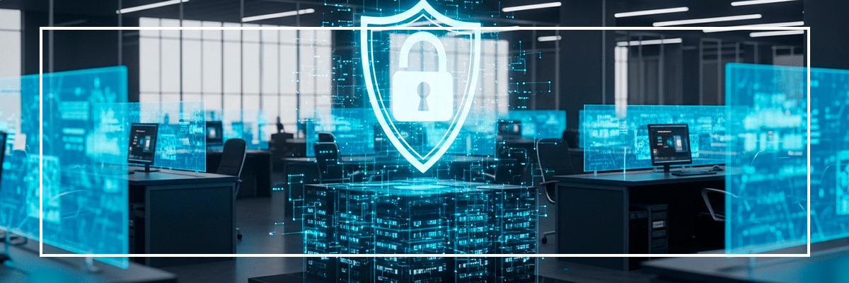 diversos colaboradores dentro de uma empresa, protegidos por um firewall