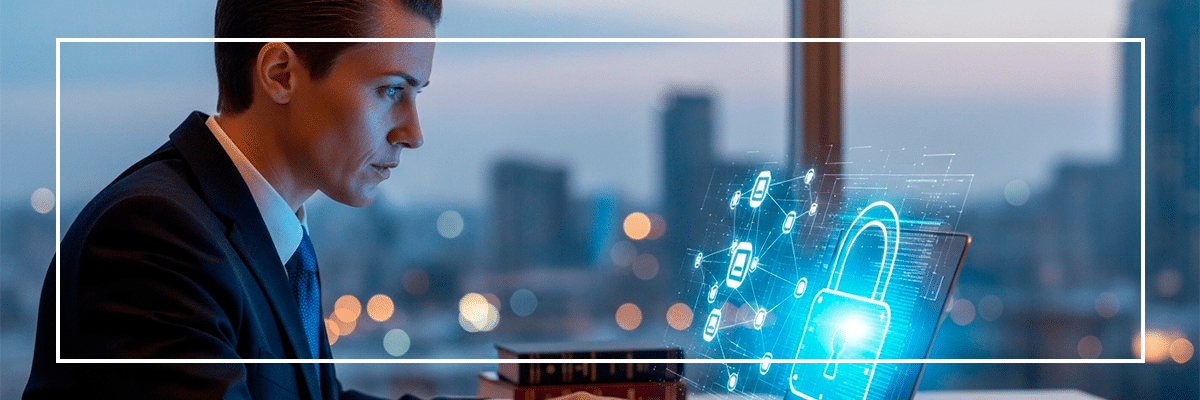 uma tela mostrando um cadeado para um homem, simboliza proteção