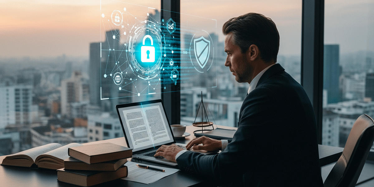 um homem em frente a uma tela protegido pela lei do LGPD